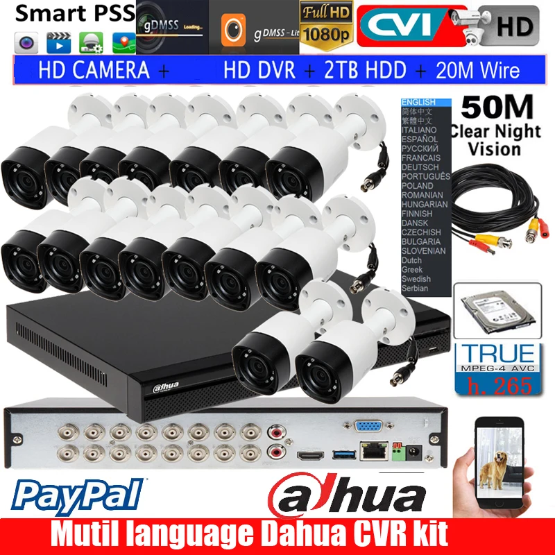 

Набор для фотоаппарата с разными языками Dahua16CH XVR5116HS-X camera kit с 1080P bullet CVI camera DH-HAC-HFW1200R IR30M Waterproof HDCVI Camera kit