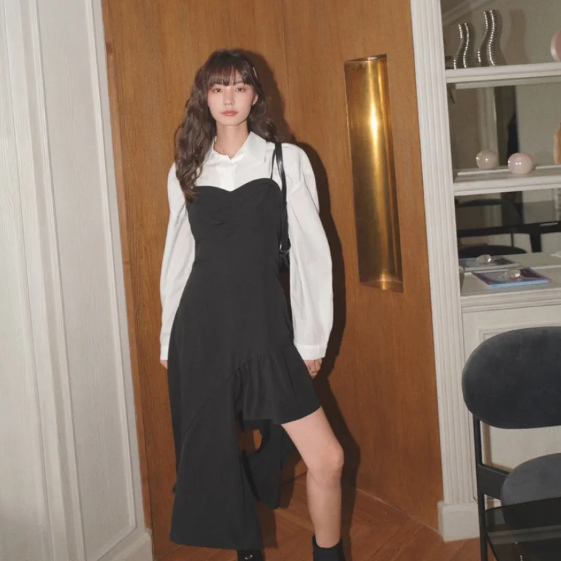 

Women's Sling Dress Spring Autumn New Fashion Solid Color Temperament Design Irregular Slimming Female Casual Ruffle Dress