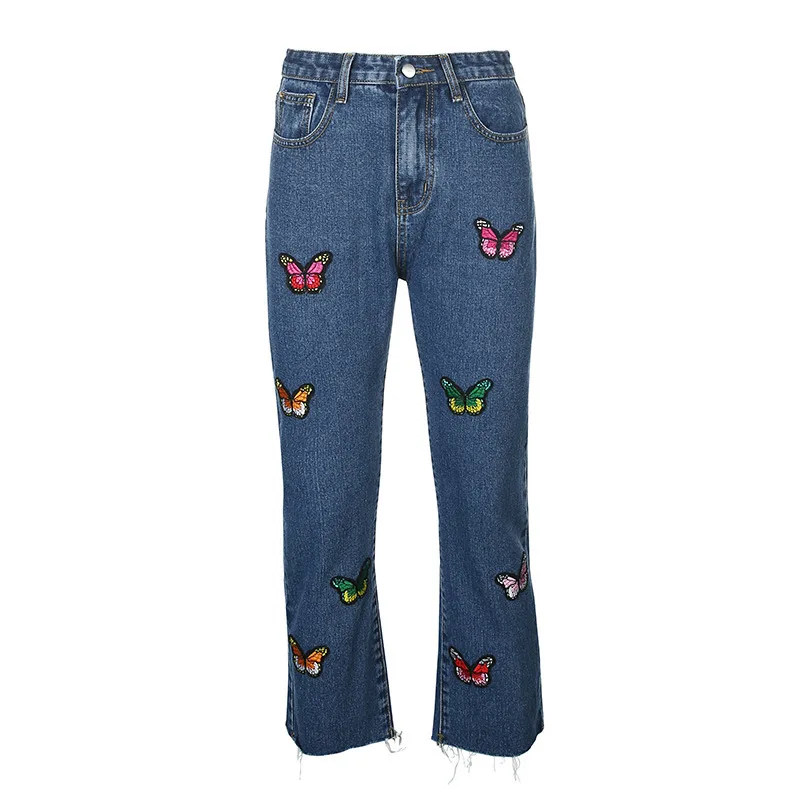 

Butterfly Embroidery Casual Blue Jeans Women High Waist Ankle Length Denim Pants Summer 2020 Ripped Hem Vintage Jeans