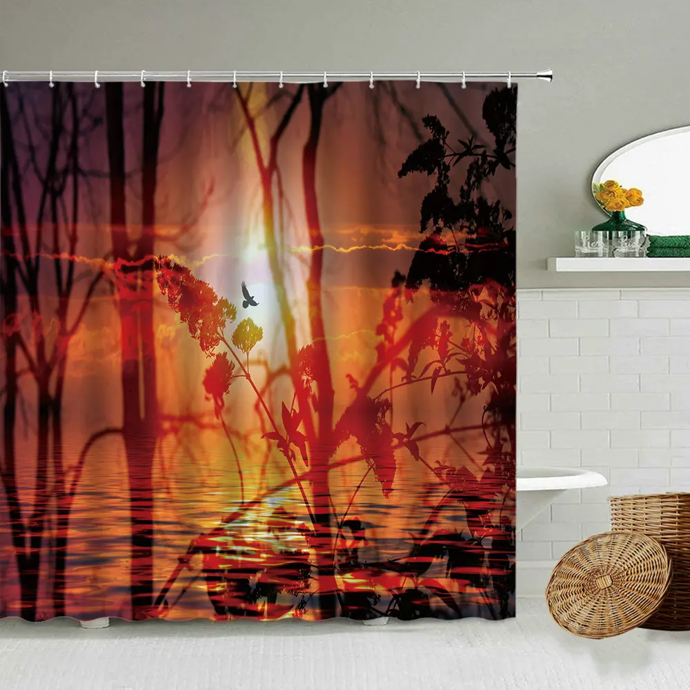 

Sunset Dusk Natural Scenery Shower Curtain Abstract Silhouette Bird Plant Family Bathroom Decoration Blackout Waterproof Screen