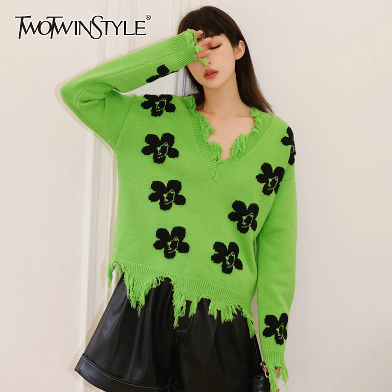 

VGH Green Casual Irregular Sweater Female V Neck Long Sleeve Korean Fashion Loose Colorblock Sweaters For Women 2021 Clothes New