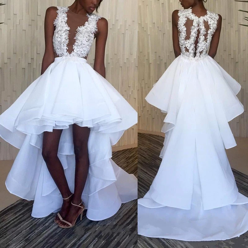 

Eightale Short Wedding Dresses O-Neck Appliques Lace Short Front Long Back White African Wedding Gowns High Low Bridal Dress