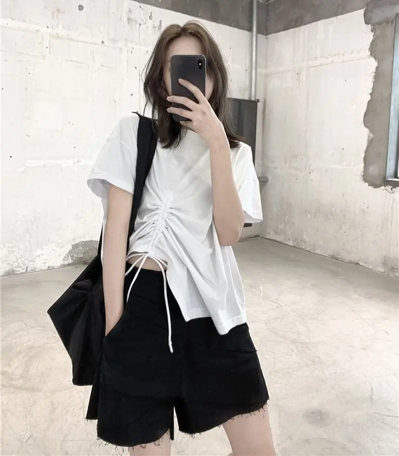 

SuperAen Solid Short Sleeve Drawstring Asymmetric Slim O Neck T Shirt Women Tops