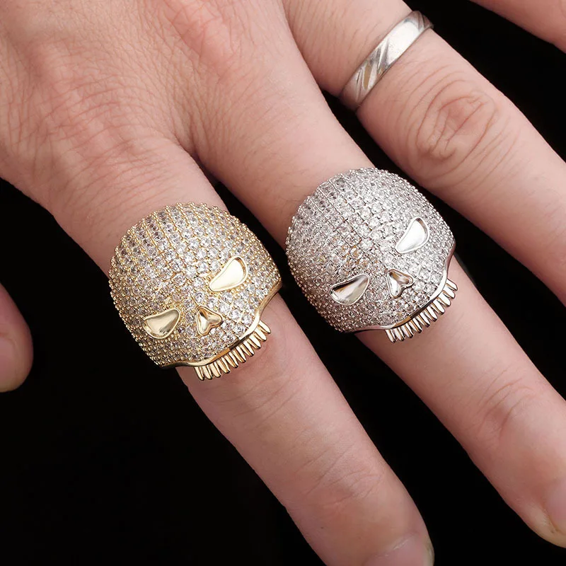 

New Hip Hop Skull Rings Iced Out Micro Pave Cubic Zirconia Rings Gold Plated Men's Fashion Jewelry Gift Halloween