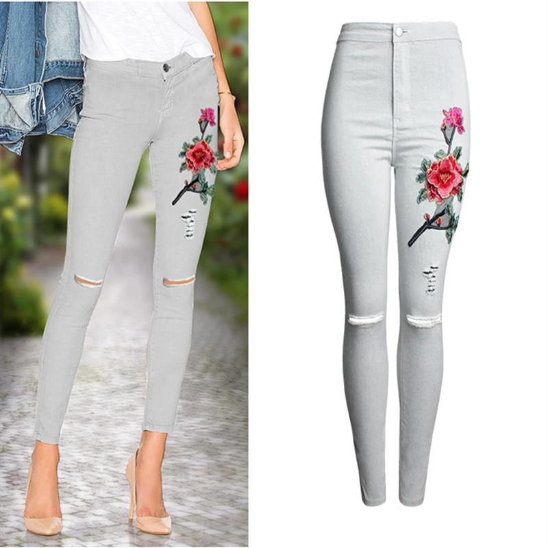 High Waist Leggins Jeans Pencil Pants Casual Stretch Skinny Ripped Flower Embroidery Denim Elastic Grey Jeggings Ladies Trousers | Женская