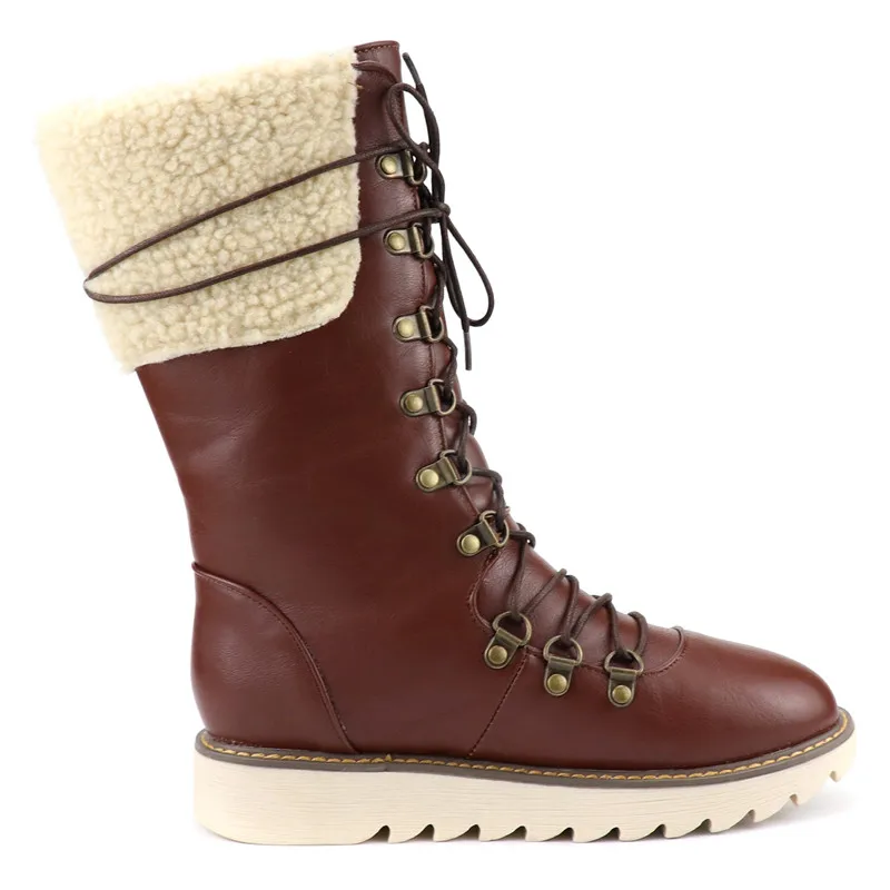 Odetina New Women Platform Lace Up Combat Mid Calf Boots Cross Tied Faux Thick Fur Non-slip Winter Warm Snow Plus Size 48 | Обувь