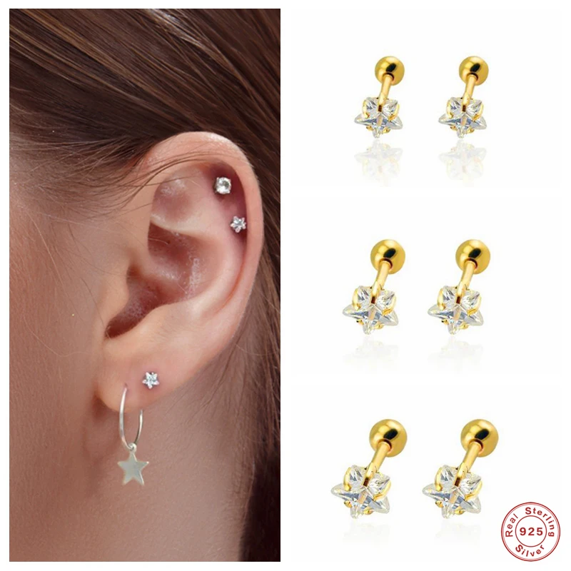 

Aide 925 Sterling Silver Star Zircon Stud Earrings White Star Gemstone Luxury Piercing Pendiente For Women Fine Jewelry 3/4/5mm
