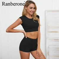 ranberone yoga fitness sports suit running quick drying solid color short sleeved shorts suit seamless womens tracksuit 2021