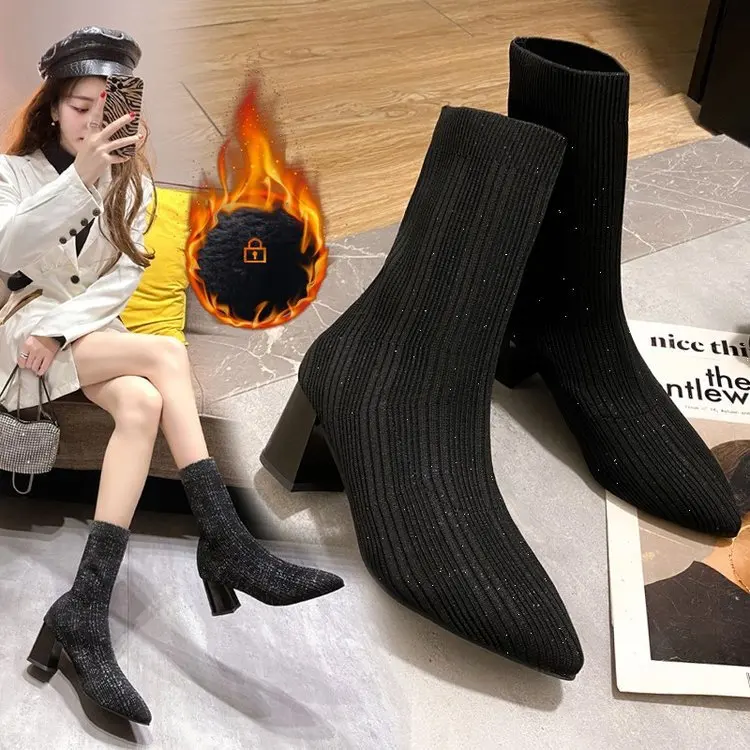 

Ботинки женские на высоком каблуке, резиновая обувь на шпильке, базовая обувь в римском стиле из искусственной кожи, с коротким плюшевым коп...