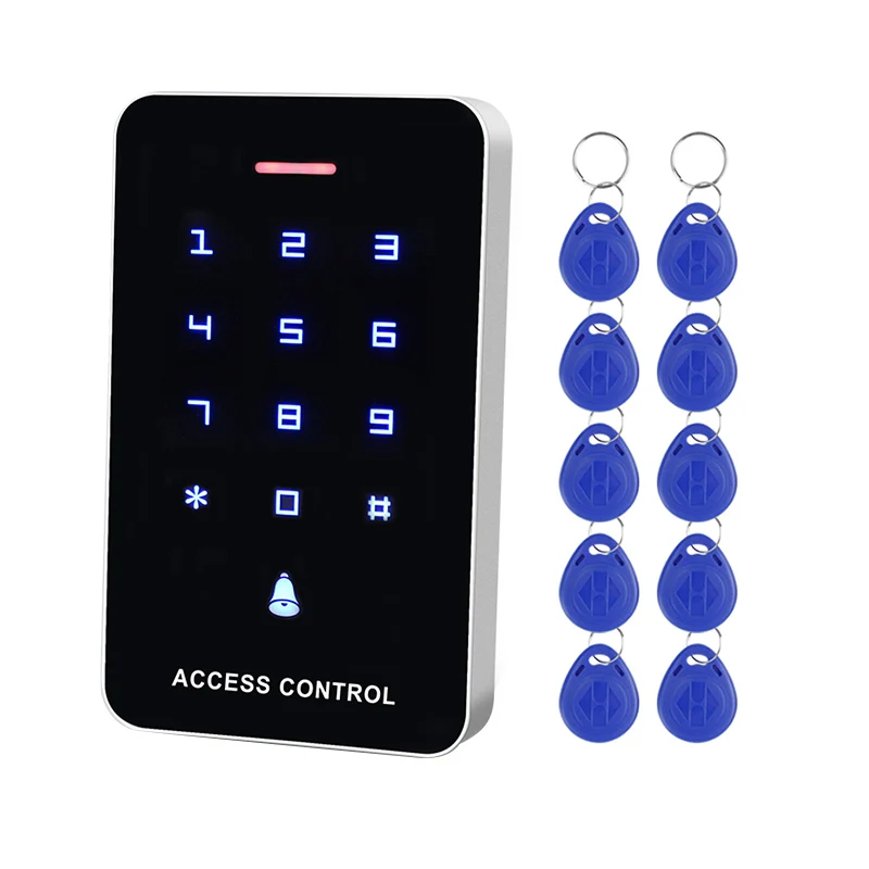 Press Panel Access Control Keypad RFID Reader Keyboard Controller WG26 Door Bell Button + 10Pcs EM4100 Keyfobs Tags |
