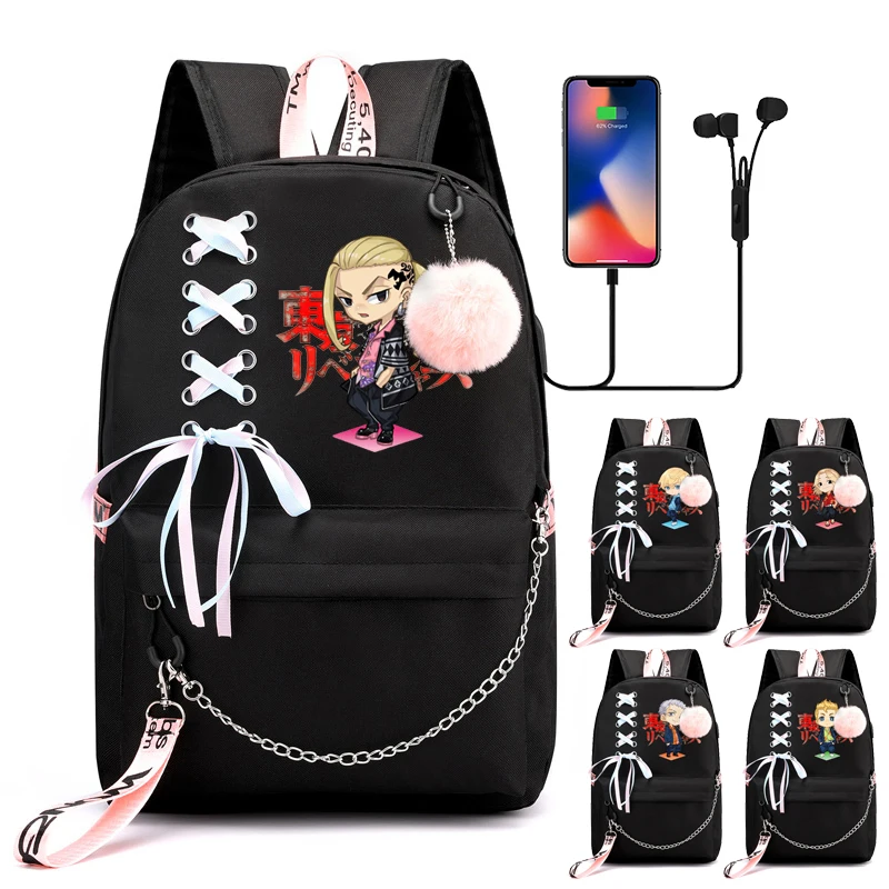 

Дизайнерский рюкзак с цепочкой для девочек и мальчиков, школьные сумки для женщин, уличная мода, аниме, Токийский ревенджеры, рюкзак, Usb заря...