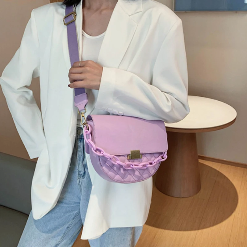 

PU Leather Saddle Bag Chain Handbag For Women 2020 Fashion Shoulder Belt Messenger Bag Lingge Single Shoulder Saddle Bag