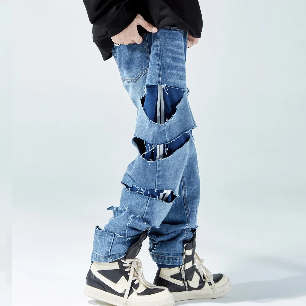

New Style Hole 2 Layer Splice Jeans Men Streetwear Brand Fashion Hip Hop Loose Casual Straight Denim Pant Man Jean Trousers