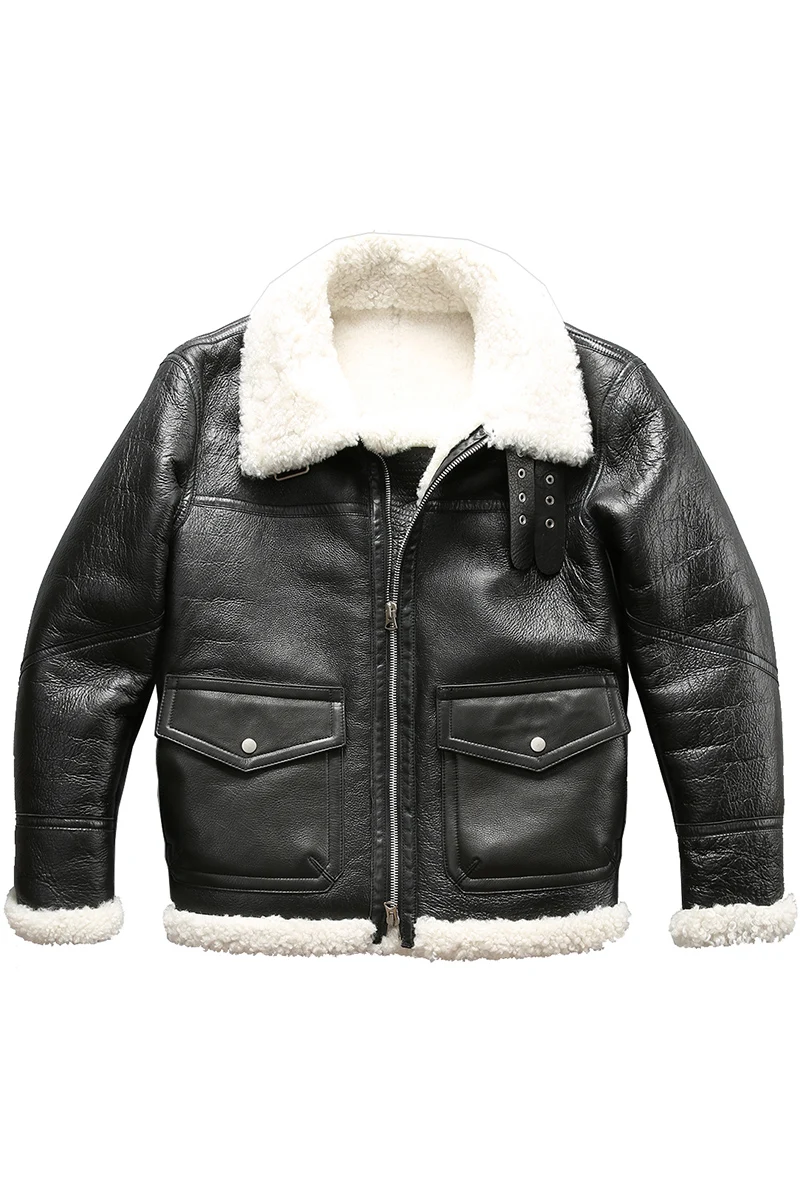 

men's shearling leather winter pilot thick Merino sheep natural white fur coat men flight jacket male