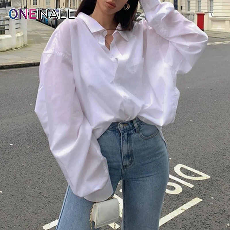 

ONEINALL Casual Blouses For Women Lapel Loose Long Sleeve Single Breasted Plain Patchwork Pockets Shirts Female 2021 Autumn New