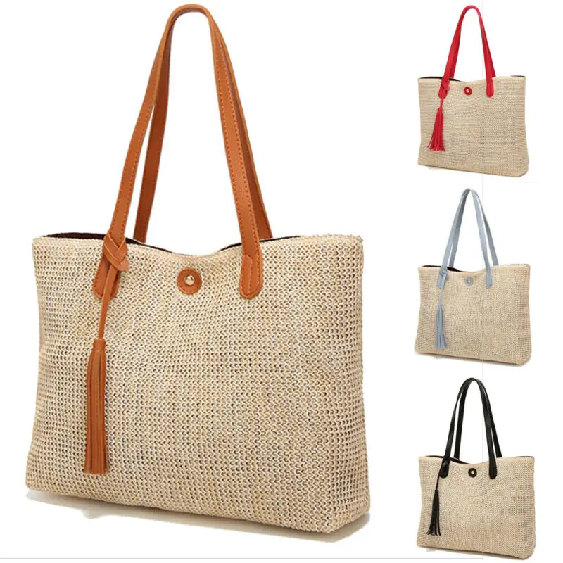 Плетеная дамская сумочка в стиле бохо летняя пляжная Соломенная Сумка-тоут