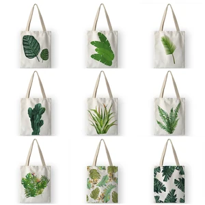 2019 женские сумочки с зеленым растительным принтом, тканевая Холщовая Сумка-тоут, Хлопковая женская Экологически чистая сумка для покупок, многоразовая сумка на плечо AKB01008