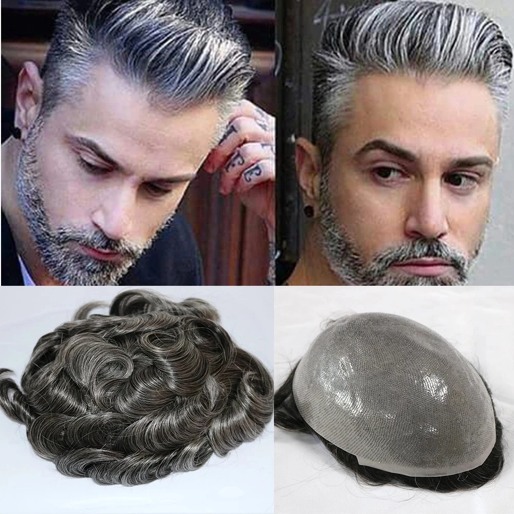 

Poly V Loop Mens Wig Super Thin Skin Base PU Medium Density Stock Remy Indian Human Hair Replacement System for Male Natural