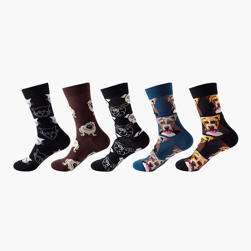 

5Pairs Cotton Men Women animal Sock Print Retro kitten cat puppy dog spring Autumn Winter Happy Cute Funny Socks drop shipping