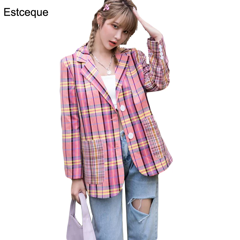 Женский винтажный офисный Блейзер розовый клетчатый пиджак свободного покроя в