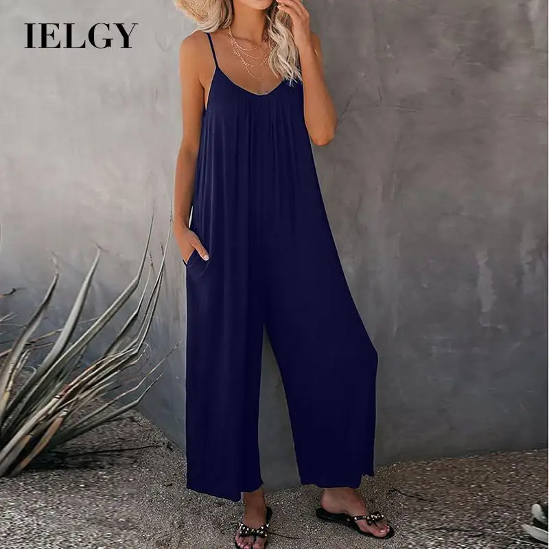 

IELGY suspender jumpsuit summer new style solid color pocket casual jumpsuit