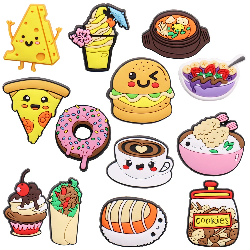 

1PCS Coffee Hot Pot Donut Pizza Cookies Sushi Mexican Twister Hamburger Food PVC Shoe Charms Croc Jibz Decoration Shoes Ornament