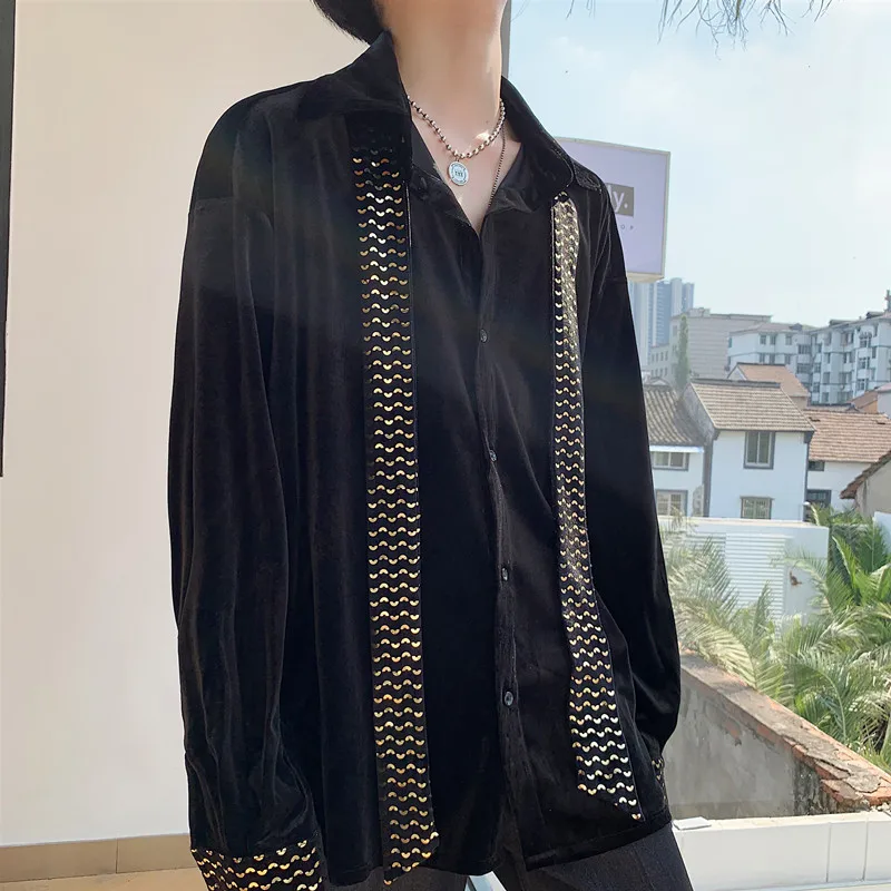 Мужская рубашка с длинными рукавами Повседневная Свободная бархатная блестками