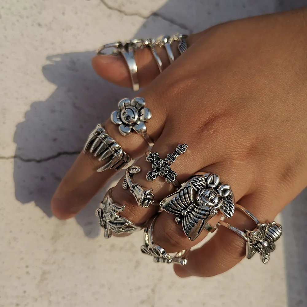 Gothic Stainless Steel Rings Women Men Butterfly Skull Heart Flower Angel Ring Multi-Element Silver Charm Punk Halloween Jewelry | Украшения