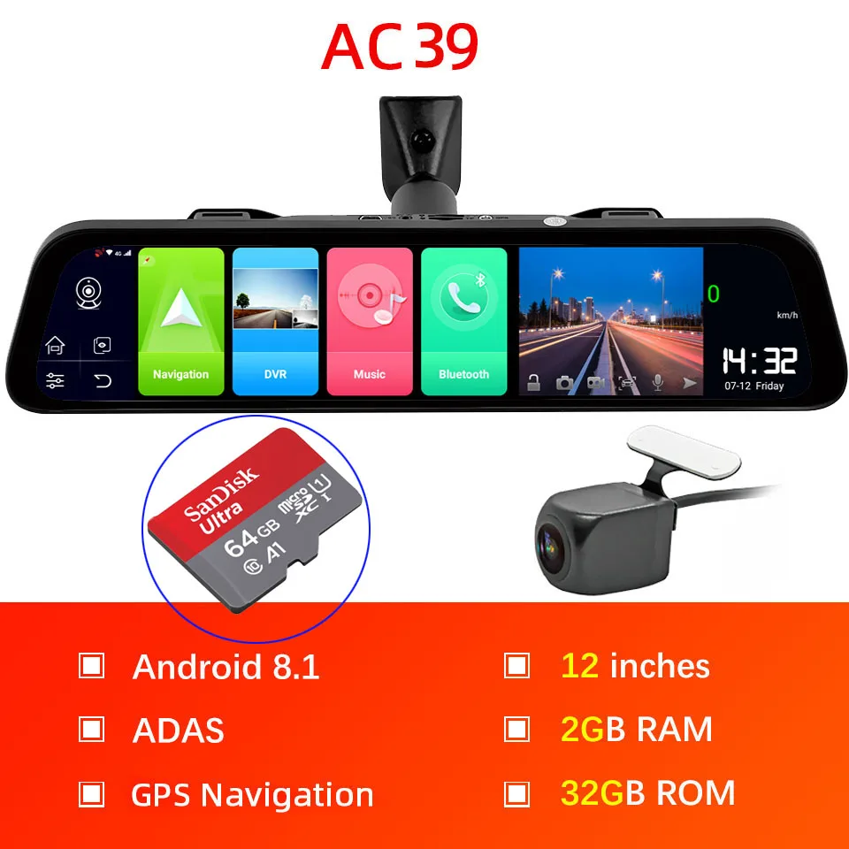 AC39 add 64G Bluavido, 4G, Android 8,1, зеркальный видеорегистратор, 2 Гб ОЗУ, 32 Гб ПЗУ, gps навигация, Автомобильный видеорегистратор, зеркало заднего вида, 1080 P, видеорегистратор, видеокамера - Название цвета: AC39 add 64G