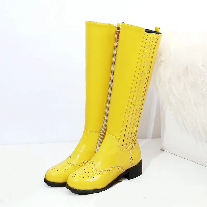 2019 модные женские сапоги до колена для женщин Лакированная кожа на низком