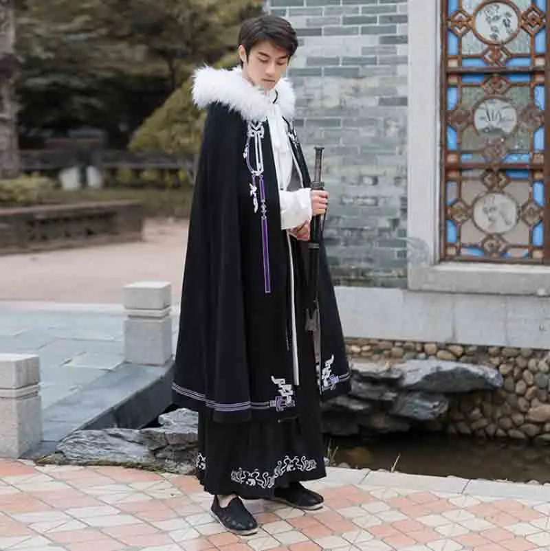 

Hanfu Cape For Men Chinese Traditional Winter Warm Thick Black Hooded Cape Cloak Christmas Costume For Men&Women Plus Size