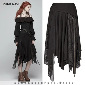 Женская Асимметричная юбка в стиле стимпанк, бежевая или Черная кружевная юбка в готическом стиле, с высокой талией и украшением на молнии, 2019