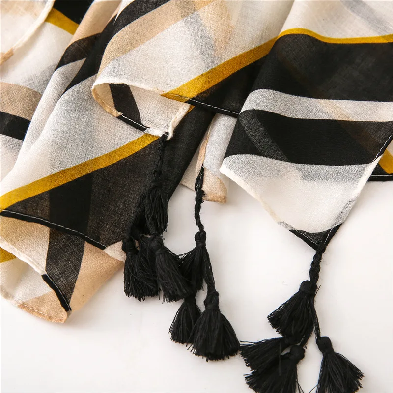 Мода полосатый принт хиджаб шарф с кисточками женские шарфы шали мусульманский