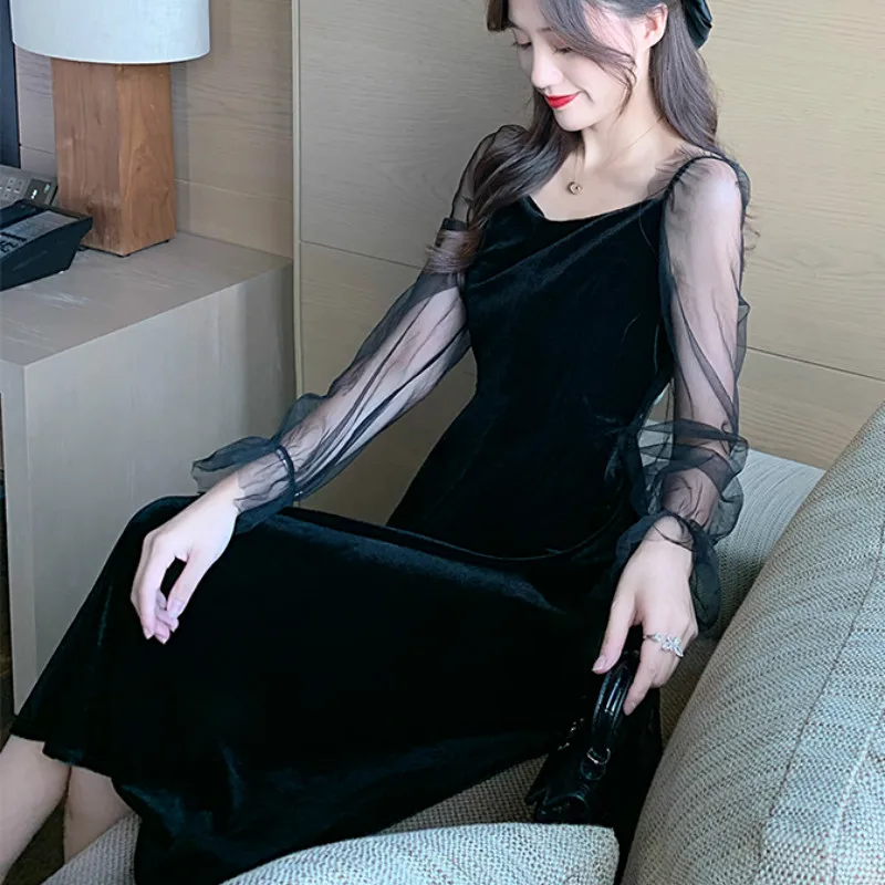 

French Renaissance Vintage Gentle Fairy Velvet Black Long Sleeve Dress Offiec Lady Party Lace Patchwork Sexy Elegant Slim Dress