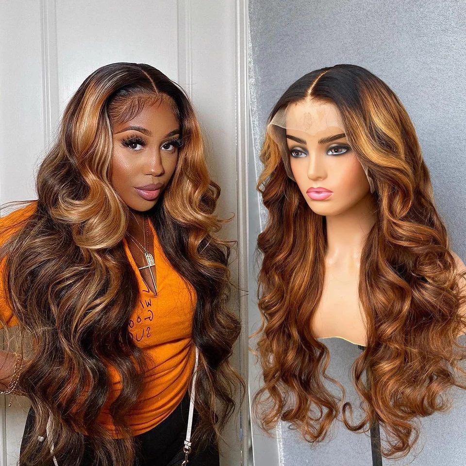 Body Wave 360 HD Highlight 13x4 Lace Front Wig Human Hair Ombre Loose Pre Plucked Glueless Frontal Wigs Brazilian Virgin Closure