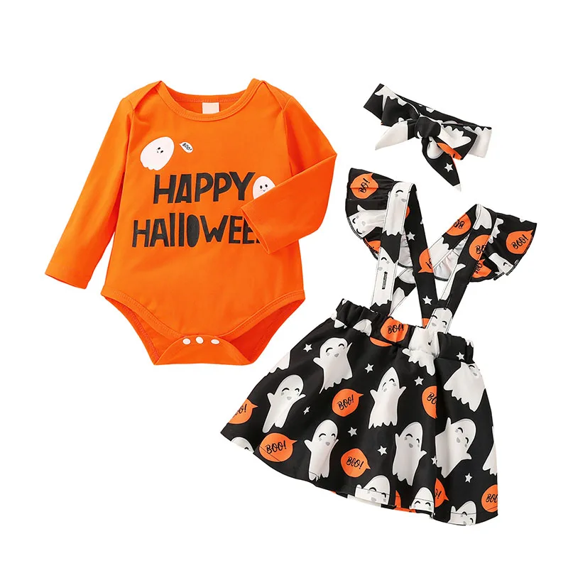 Toddler Baby's Clothes Halloween Outfits Letters Long Sleeves Romper Cartoon Suspenders Skirt Hairband For Baby Girls 0-12Months