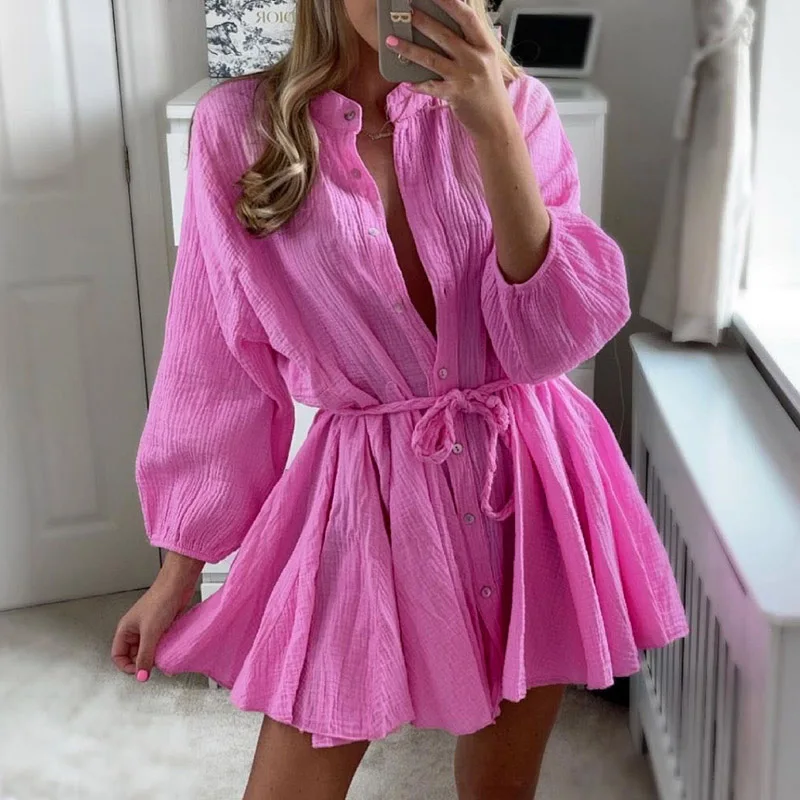 

Fashion Button Stand Neck Women Mini Dress Casual Long Sleeve Solid Party Dress 2022 Spring Elegant Twist Belted Dress Clothing