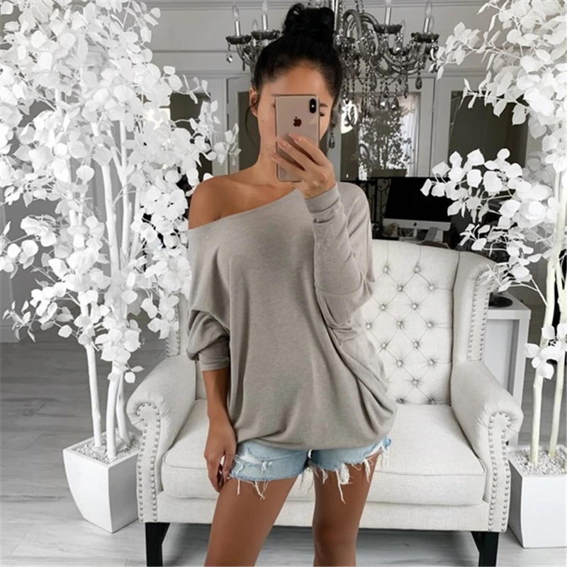 

Women Off Shoulder Top Ladies Baggy Blouse Tops Oversize Casual Loose Tee Shirt Long Sleeve Pullover Jumper Fashion Clothes