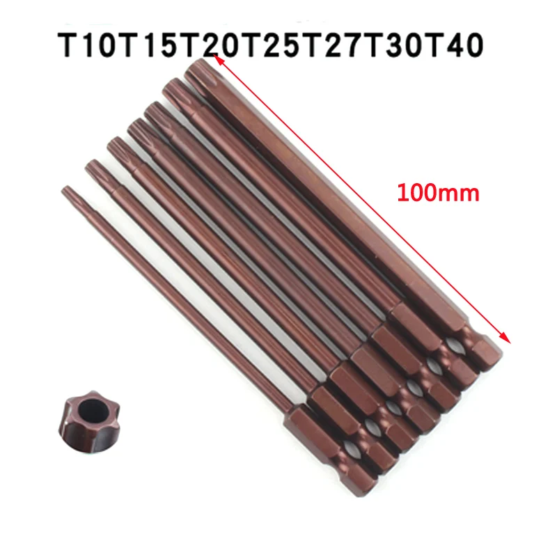 100mm length 7 шт. Torx фигурная отвертка бит 1/4 дюйма с шестигранной головкой S2 электрическая отвертка с магнитным наконечником биты Инструменты для ремонта автомобилей T10 T15 T20 T25 T27 T30 T40 - Цвет: 100mm length