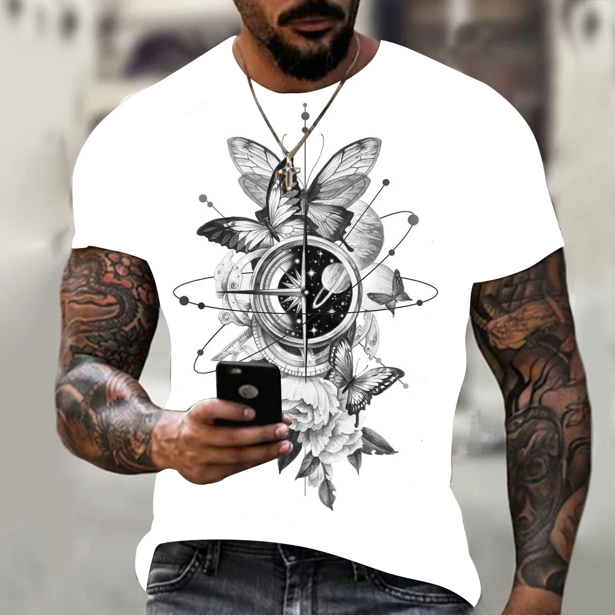 

Summer new fashion and handsome men's compass 3D printing T-shirt summer hip-hop style T-shirt short-sleeved fashion streetwear
