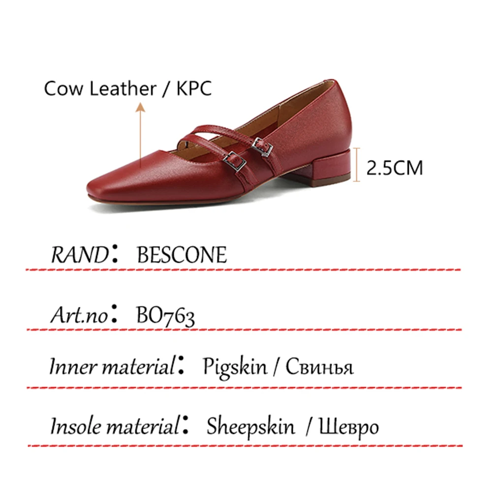 

BESCONE Comfortable Women's Flats Handmade Genuine Leather Buckle Strap Square Toe Flats Casual Spring/Autumn Shoes Women BO763