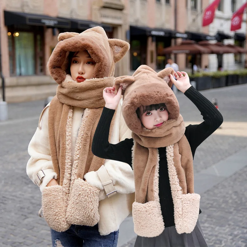 

Parent child scarf hat glove integrated Scarf New Winter Korean version hooded thickened warm fur Sequin scarf
