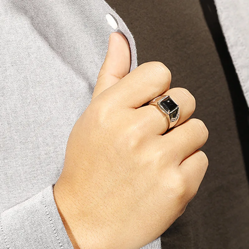 Silver-Plated Ring For Men With Black Square Flat Gel Stone Noble Resizable Кольцо anillos para hombre | Украшения и