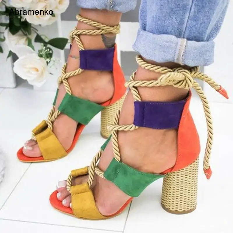 

Women Summer Boots High Heels Open Peep Toe Ankle Strap Ankle Boots Gladiator Leather Black Shoes Color matching Plus Size 34-43