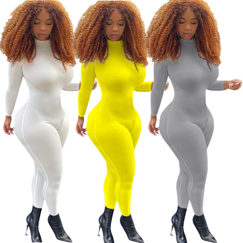 

Sexy Bodycon Rompers Jumpsuit Women Long Sleeve Turtleneck Bodysuit Soild Color One Piece Outfits Winter Spring Casual Onesie