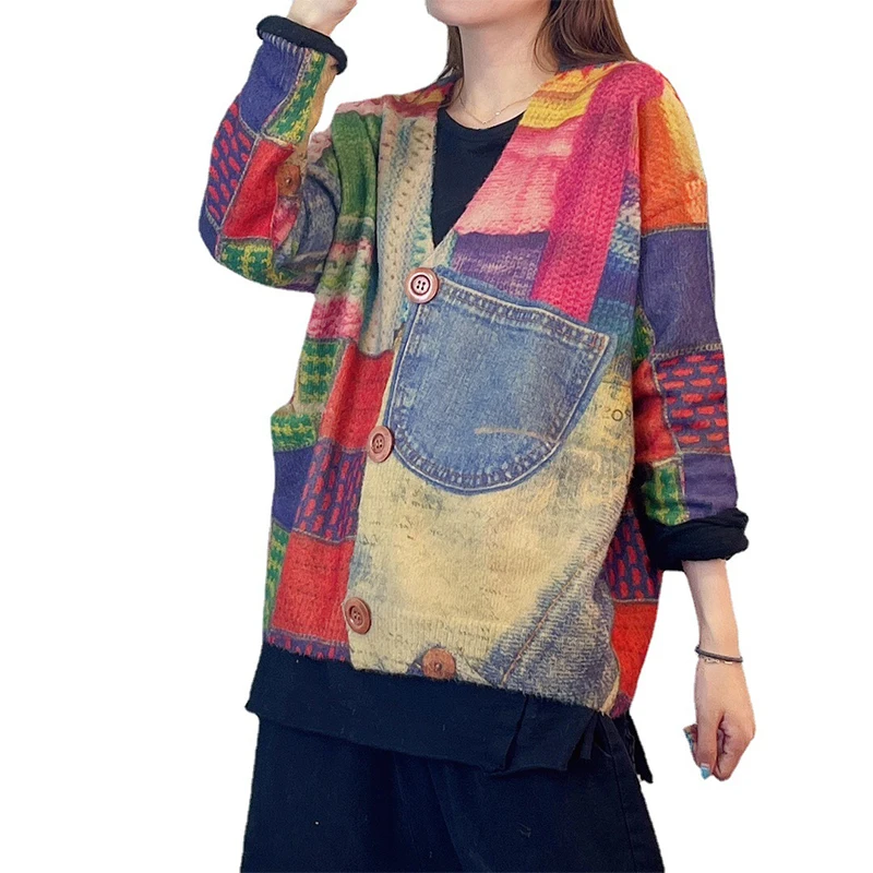 

Осенний стиль, женские винтажные повседневные фотообои, корейский дизайн 2021, женские свободные элегантные модные свитера в стиле пэчворк