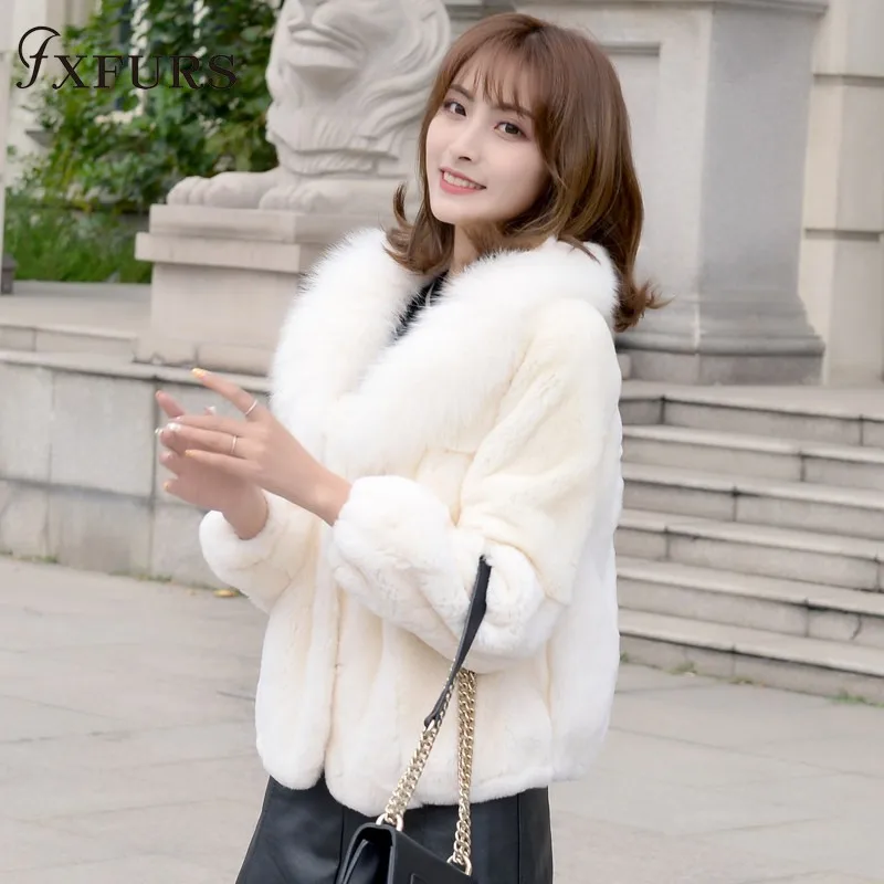 2020 Women Real Rex Rabbit Fur Jackets with Fox Fur Collar 100% Genuine Fur Coat Winter Warm Outwear Causal Short Fur Overcoat