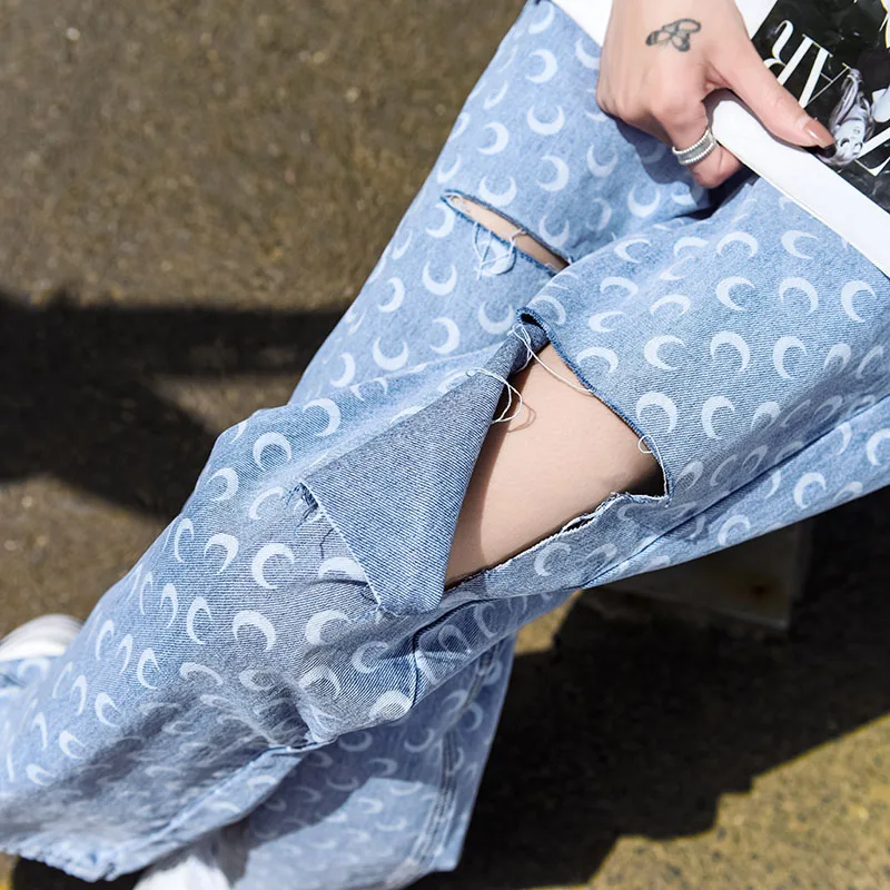 

Aesthetic Straight Ripped Jeans Women Crescent Pattern Hole Pants High Waist Buckle Denim Trousers Y2k Grunge Clothes Female