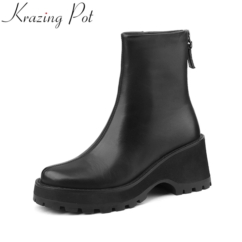 

Krazing Pot hot sale 2022 split leather wedges high heels platform Chelsea boots zipper warm winter shoes concise ankle boots