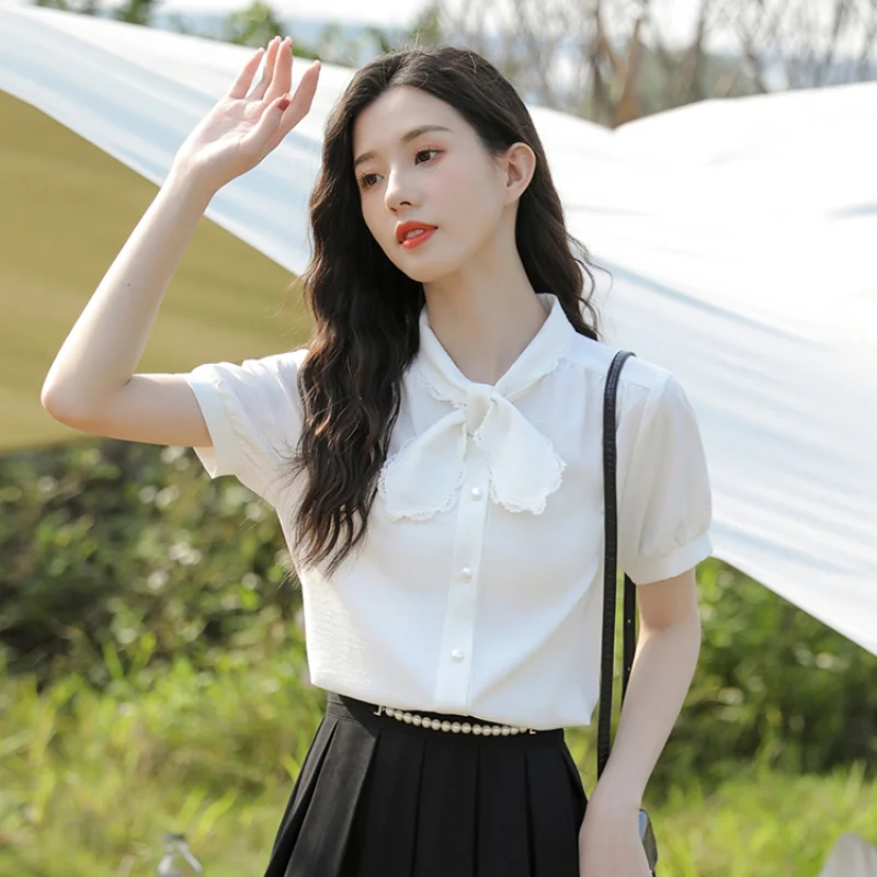 

New Design Sense Short-sleeved White Shirt Female Summer Thin French Niche Chic Puff Sleeve Top Straight Tube